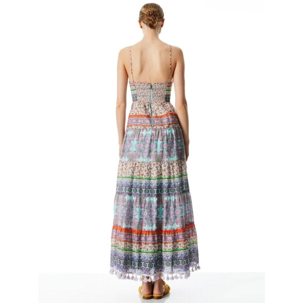 ALICE + OLIVIA Minka Tassel Fringe Maxi Dress Ritzy Multi Tie Front Women's 8 - Picture 14 of 16